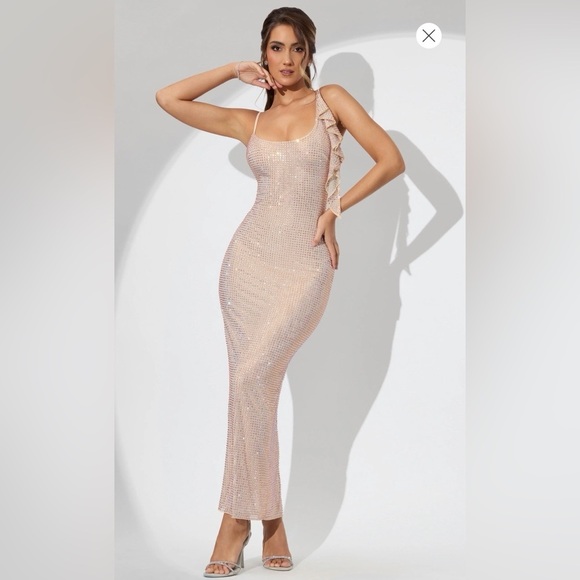Oh Polly Dresses & Skirts - OH Polly Annelise Embellished Draped Ruffle Maxi Dress in Champagne US 8 UK 12